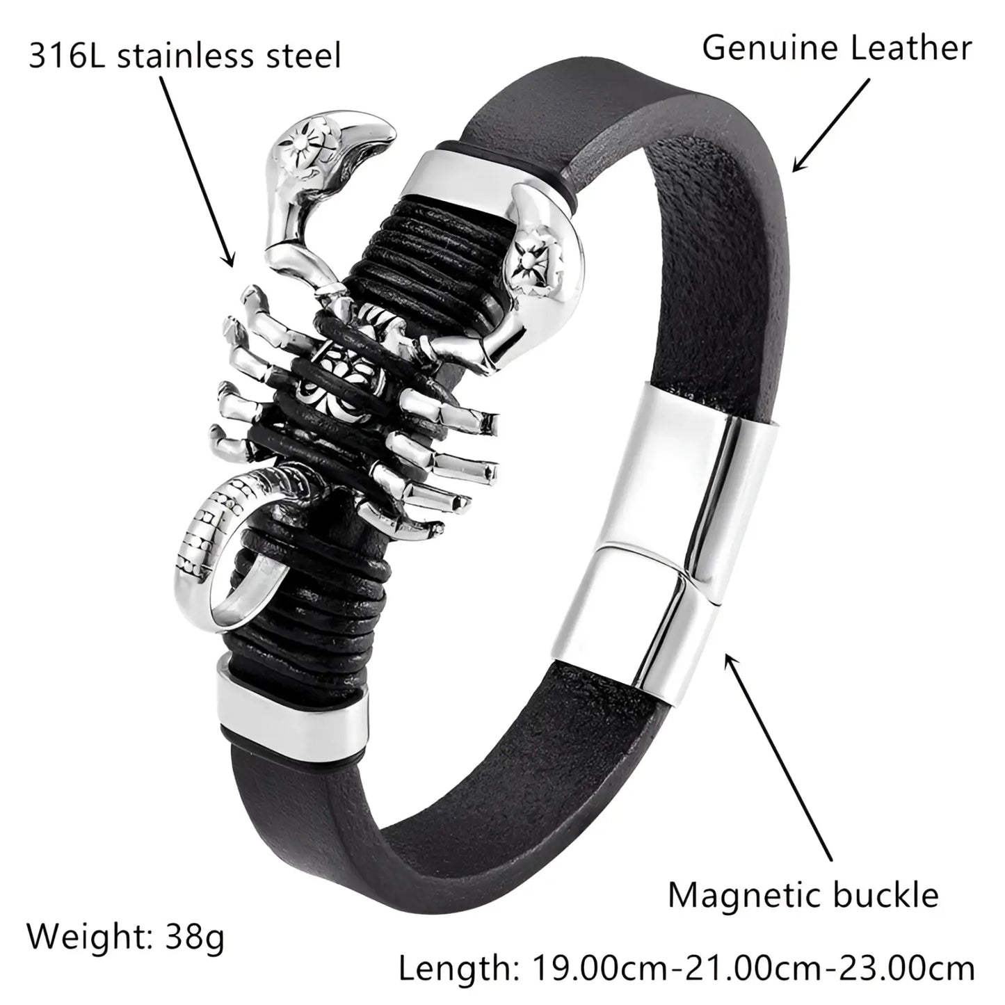 Men's Black Leather Scorpion Bracelet with Magnetic Clasp
