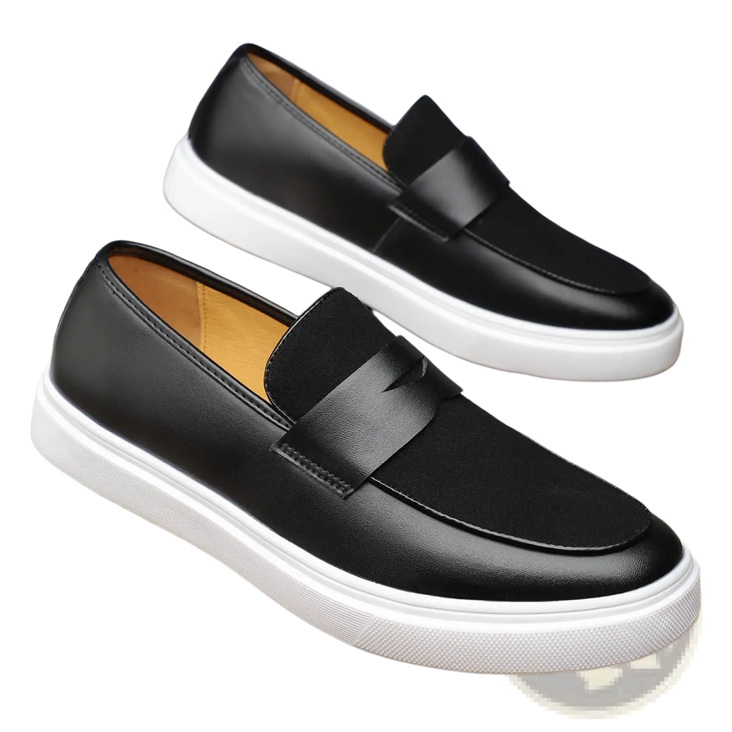 Men's Black Leather Slip-on Loafers with Rubber Sole