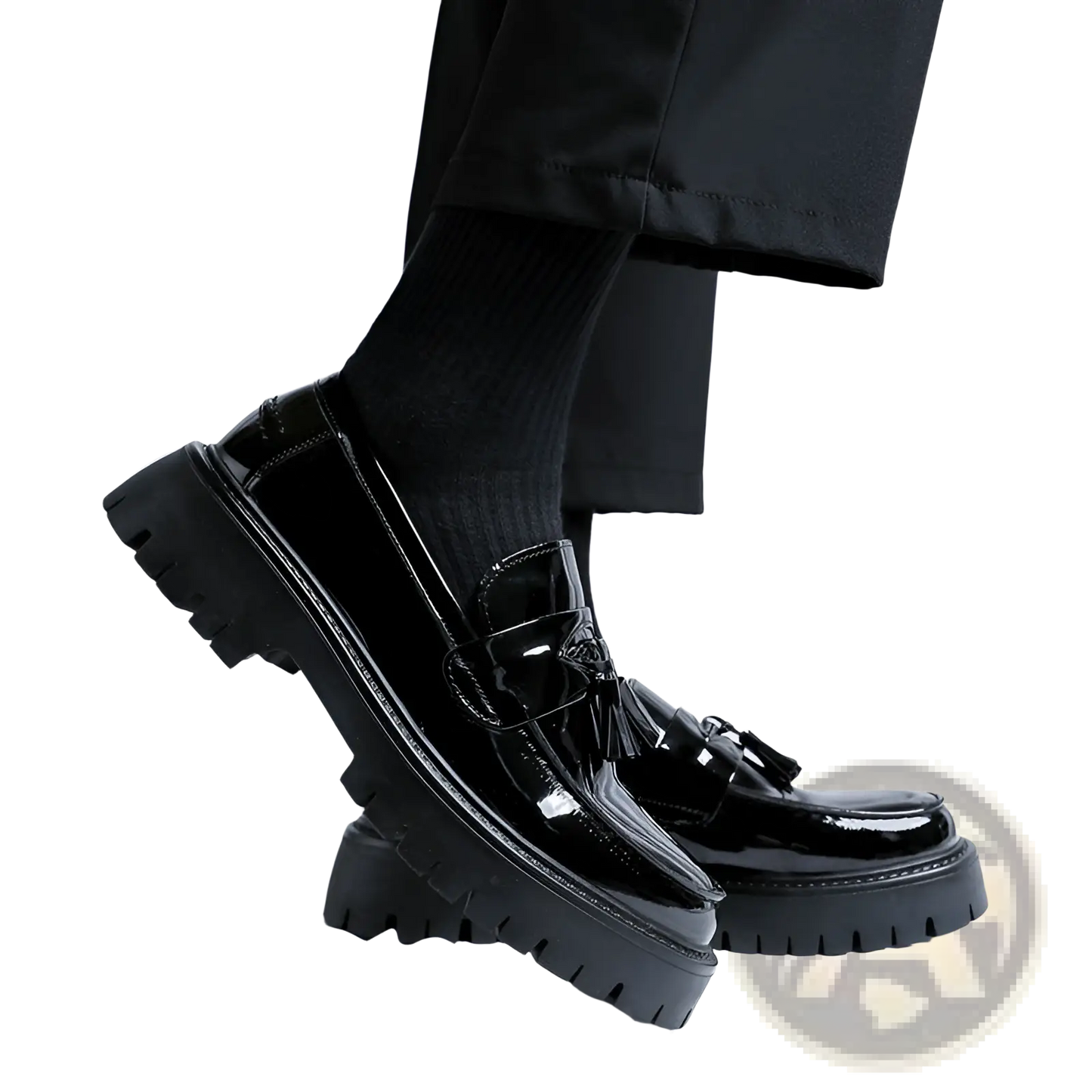 Men's Black Patent Leather Tassel Platform Shoes