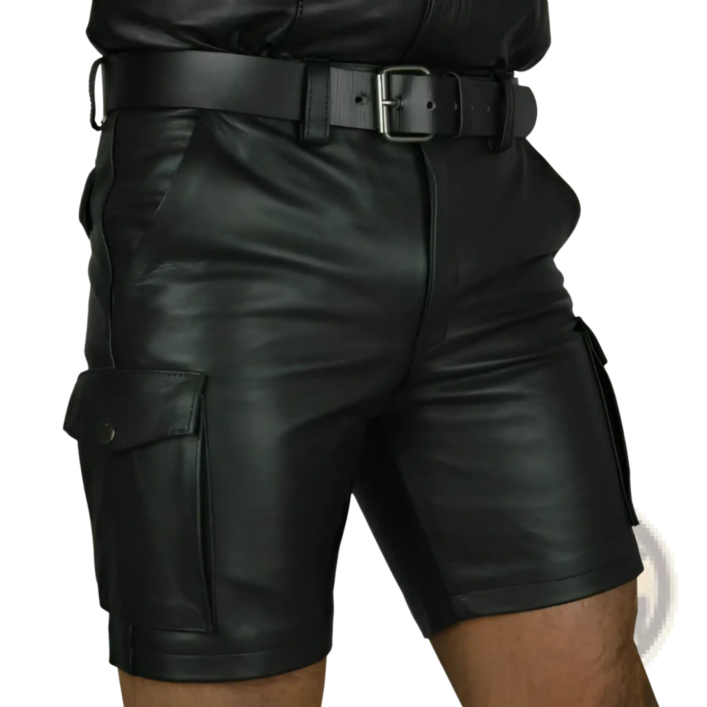 Men's Black Pu Leather Cargo Shorts with Multi Pockets