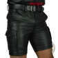 Men's Black Pu Leather Cargo Shorts with Multi Pockets