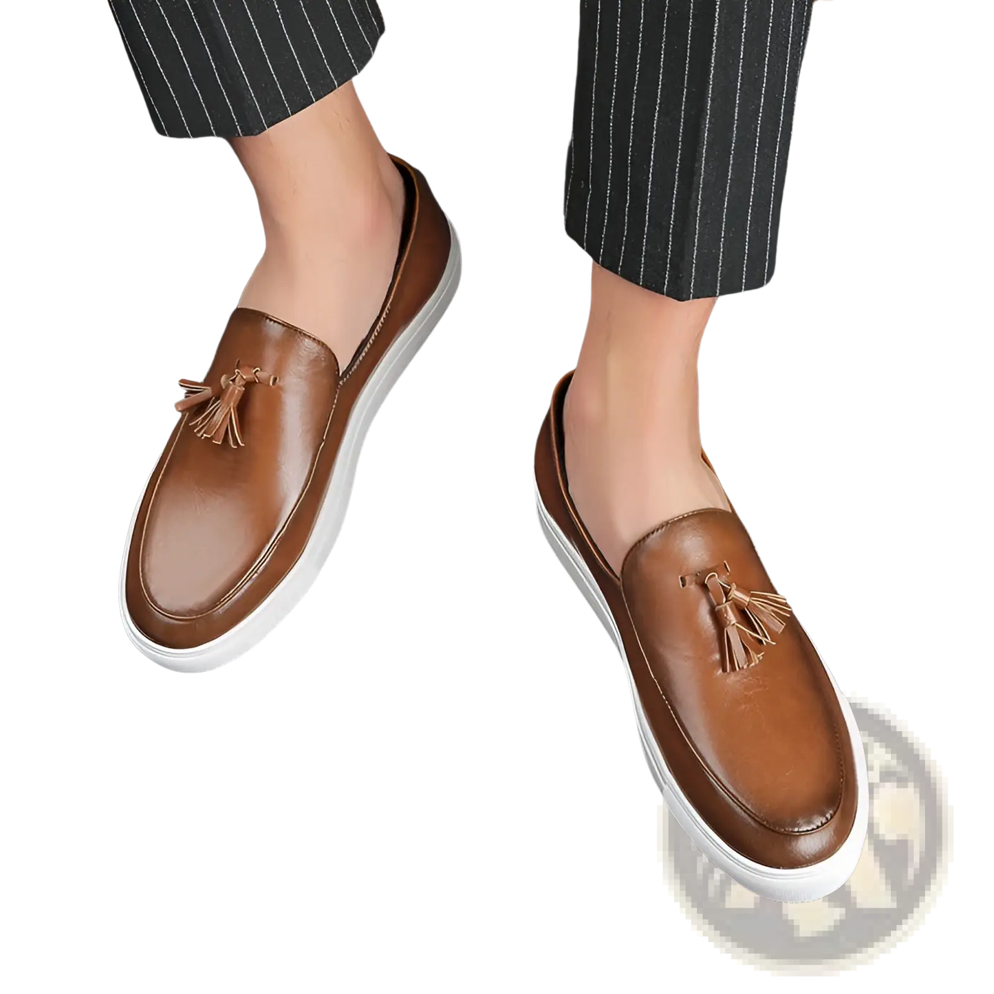 Men's Brown Leather Tassel Loafers with White Sole