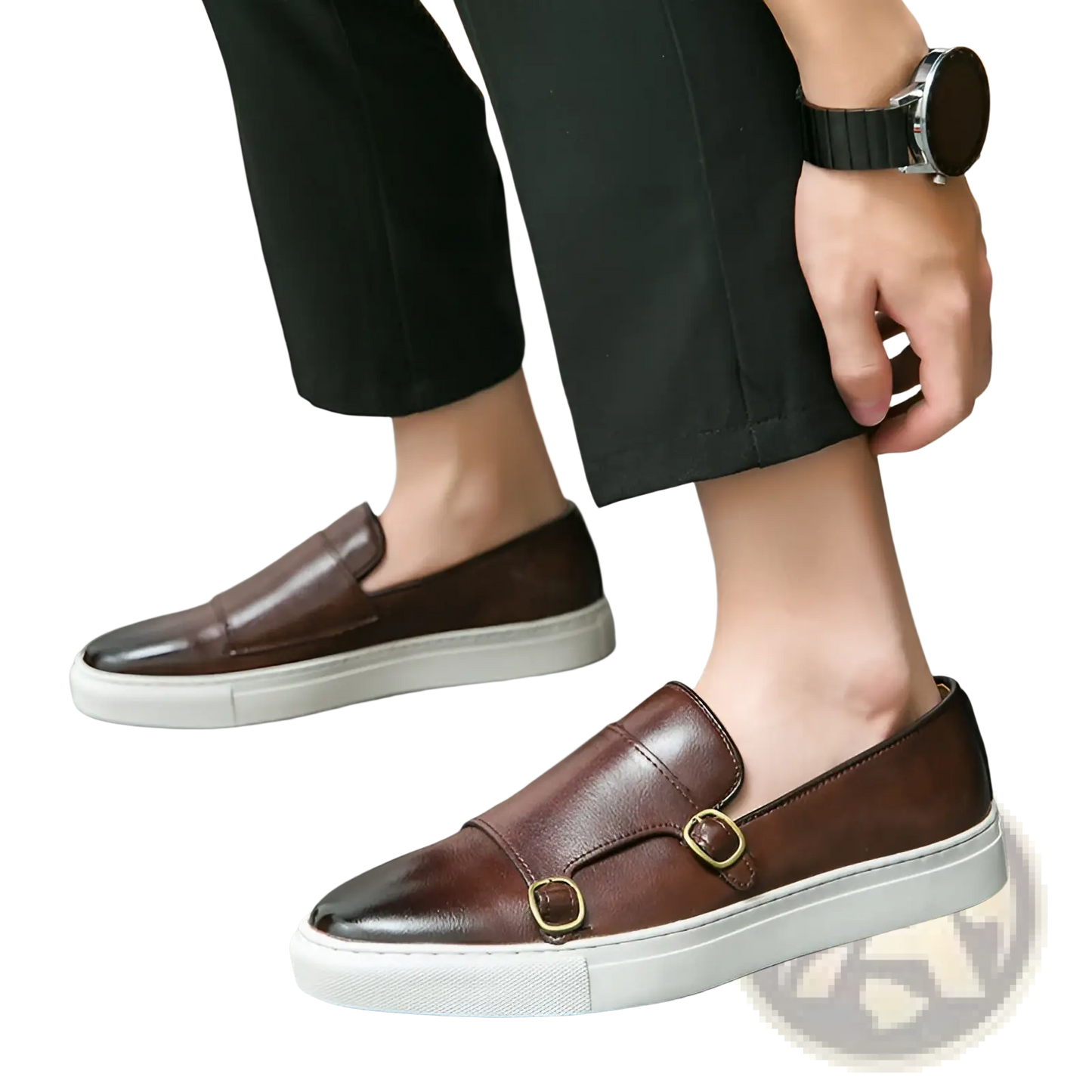 Men's Business Casual Double Buckle Leather Sneakers