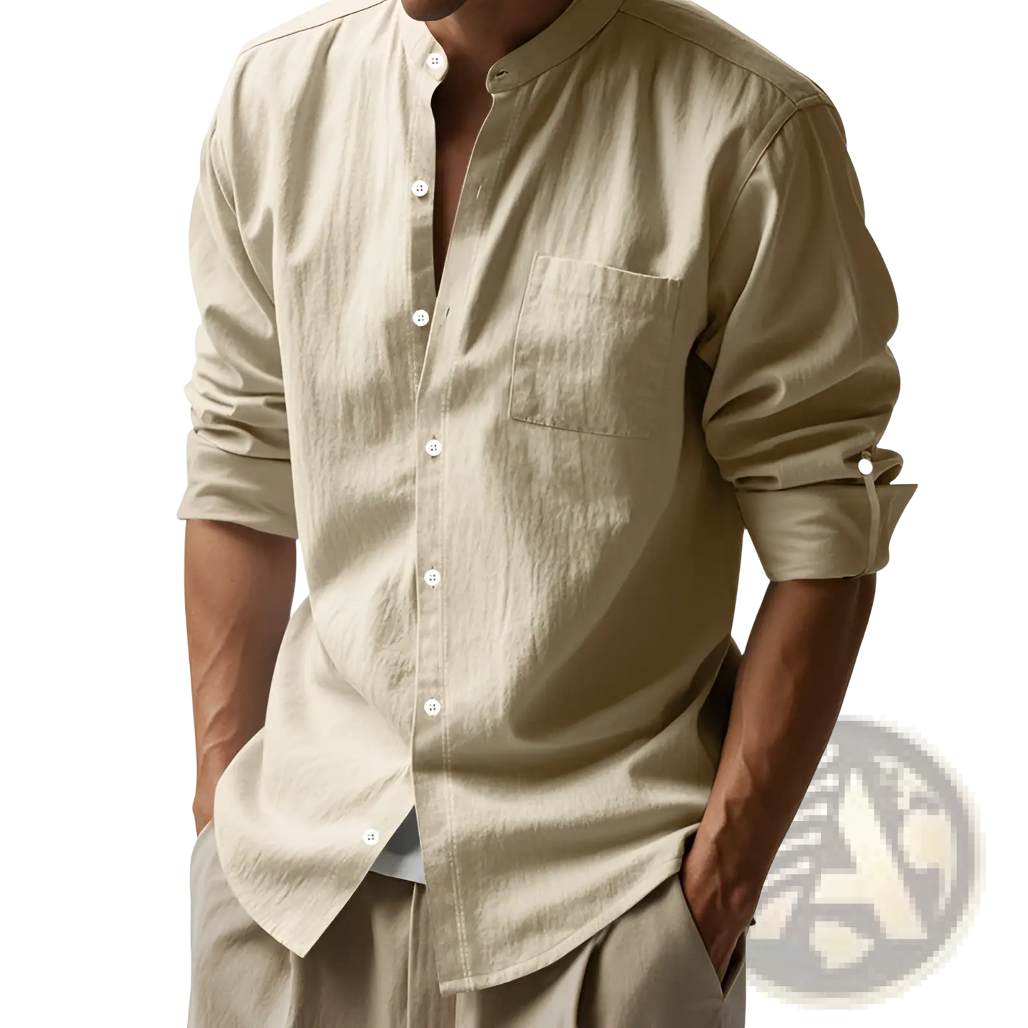 Men's Casual Linen Stand Collar Long Sleeve Shirt