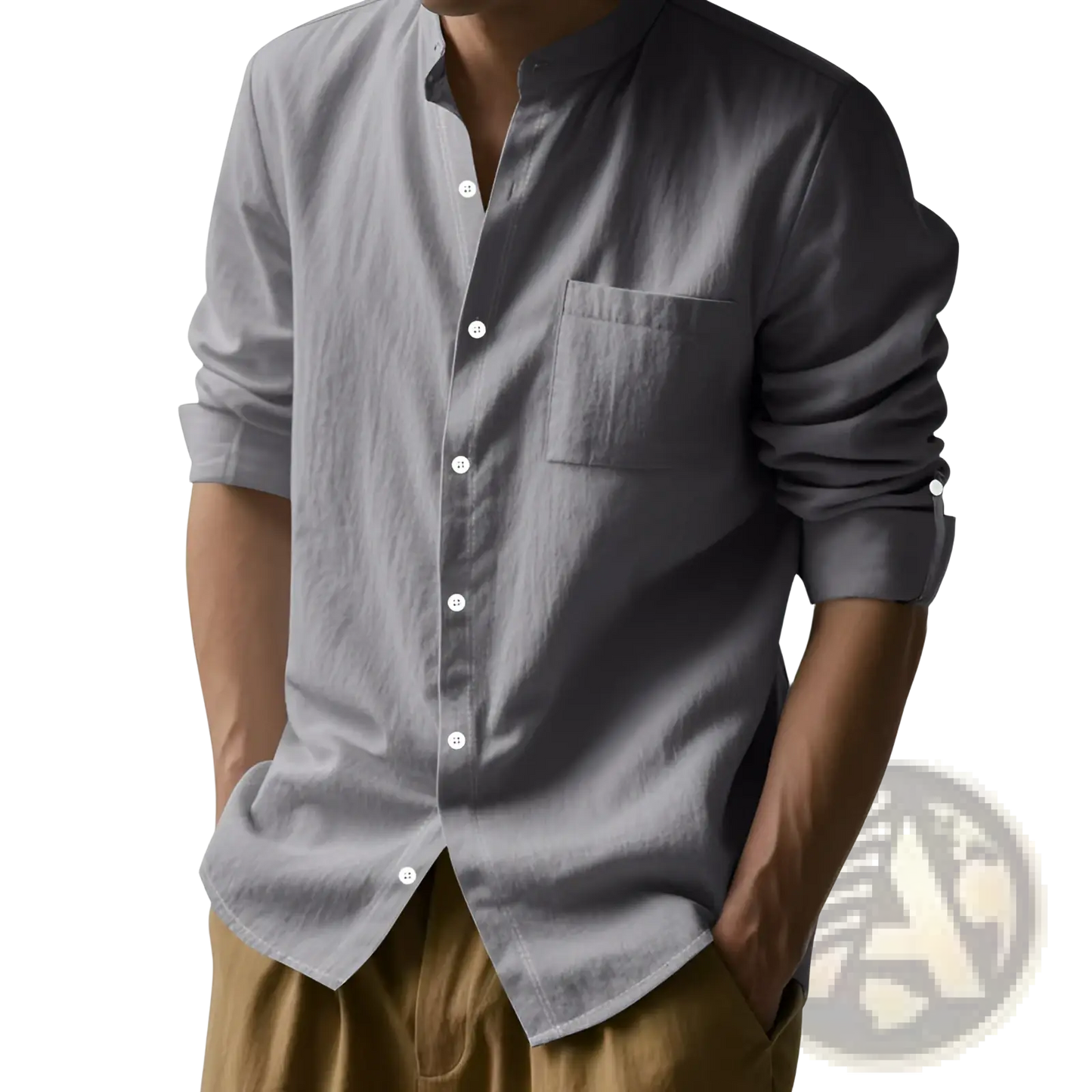Men's Casual Linen Stand Collar Long Sleeve Shirt