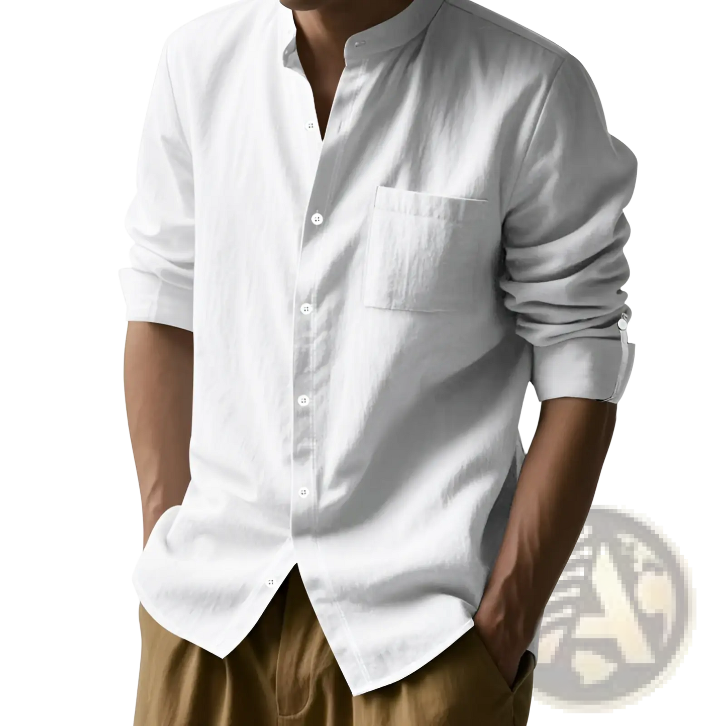 Men's Casual Linen Stand Collar Long Sleeve Shirt
