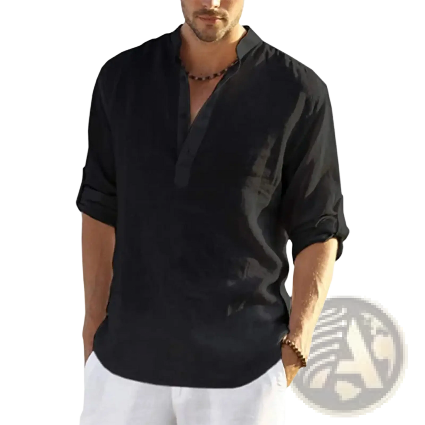 Men's Casual v Neck Rolled Sleeve Linen Pullover Shirt