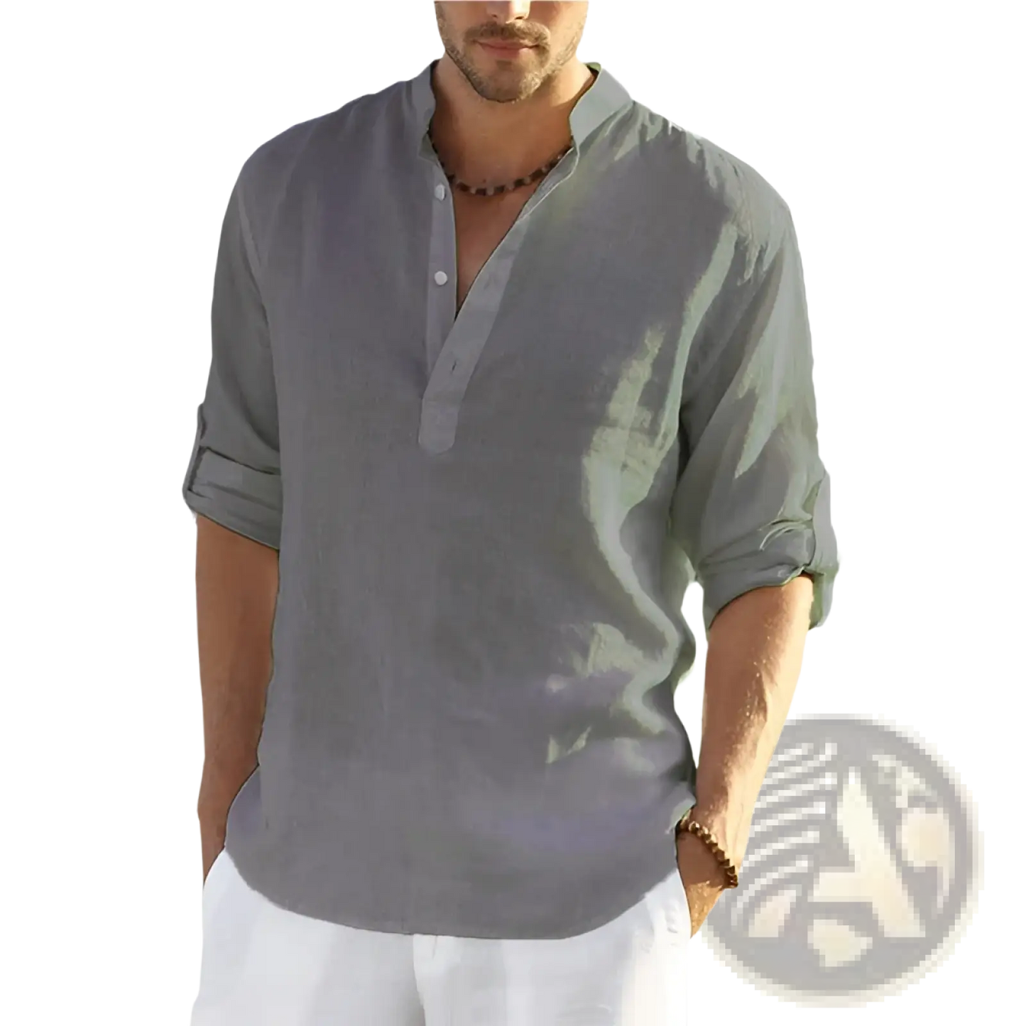 Men's Casual v Neck Rolled Sleeve Linen Pullover Shirt