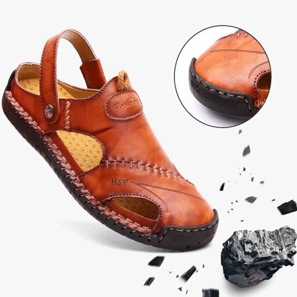 Men's Brown Woven Leather Closed Toe Beach Sandals