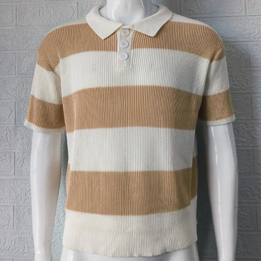 Men's Striped Ribbed Knit Short Sleeve Polo Sweater