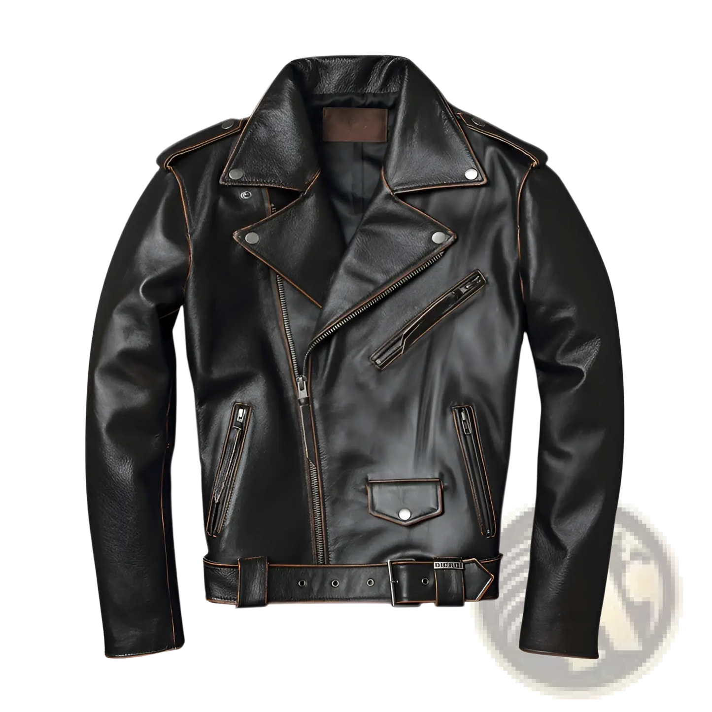 Men's Cowhide Leather Motorcycle Biker Jacket with Lapels