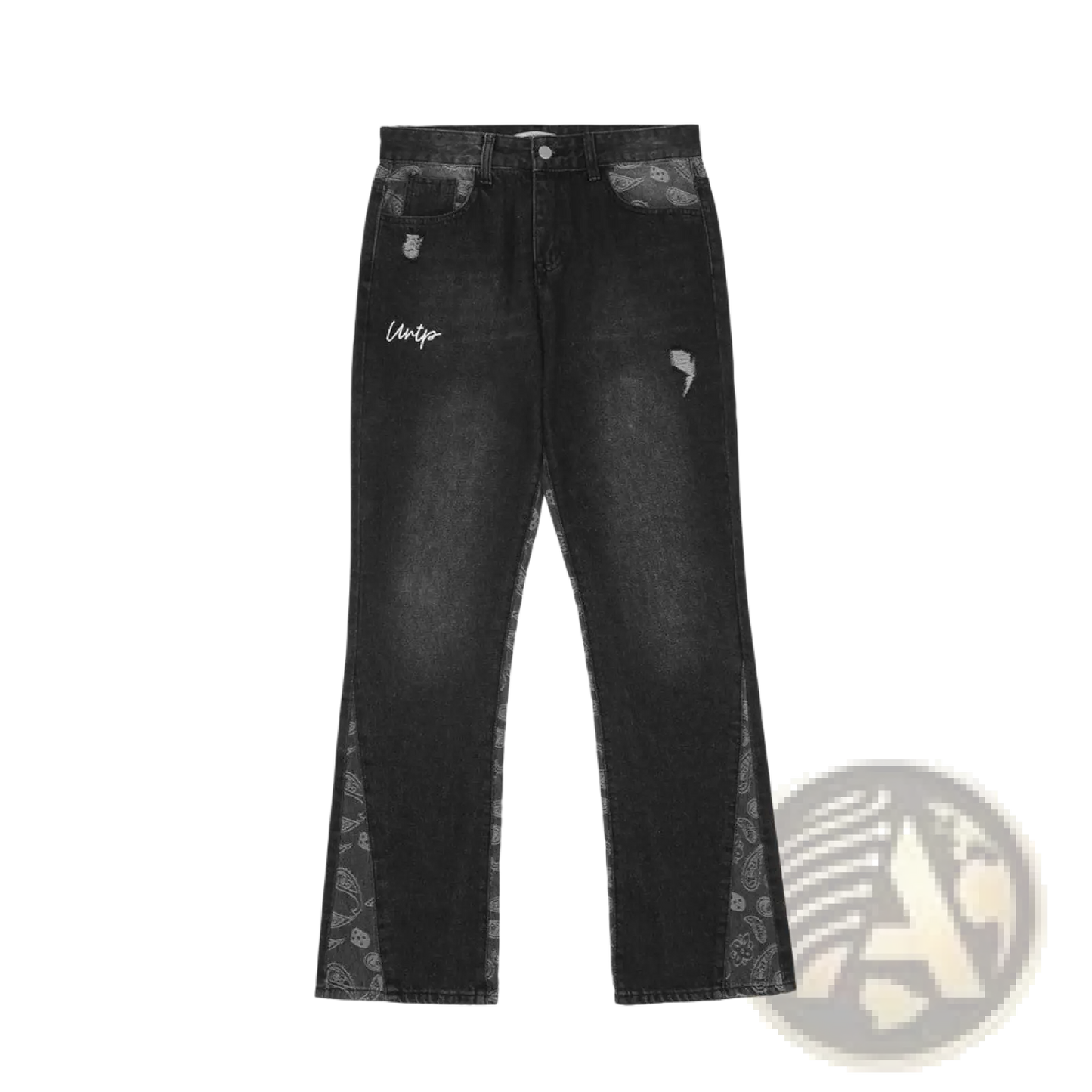 Men's Distressed Paisley Patchwork Flare Jeans