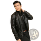 Men's Faux Leather Bomber Jacket with Stand Collar