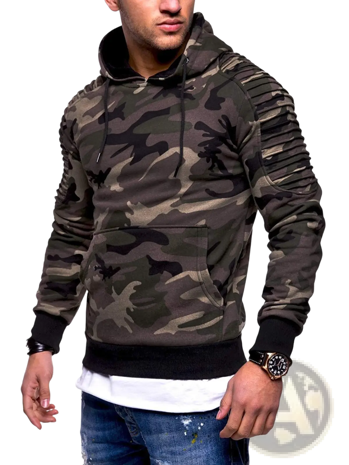 Men's Gray Camo Pleated Raglan Sleeve Hoodie