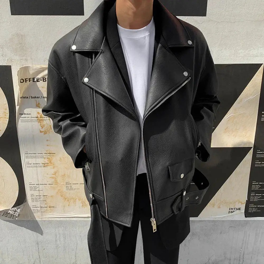 Men's Slim Fit Oblique Zipper Black Leather Moto Jacket
