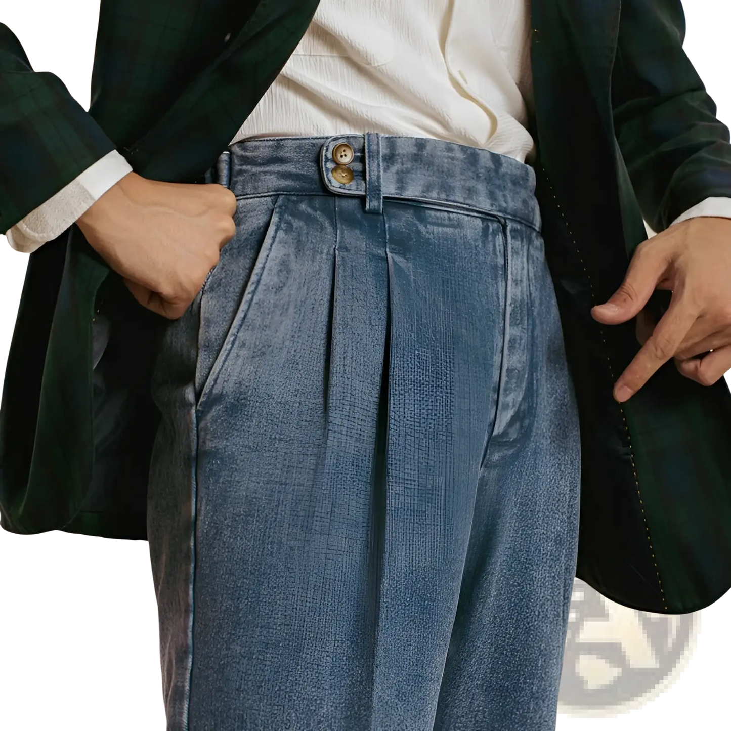 Men's High Waisted Pleated Relaxed Fit Blue Denim Trousers
