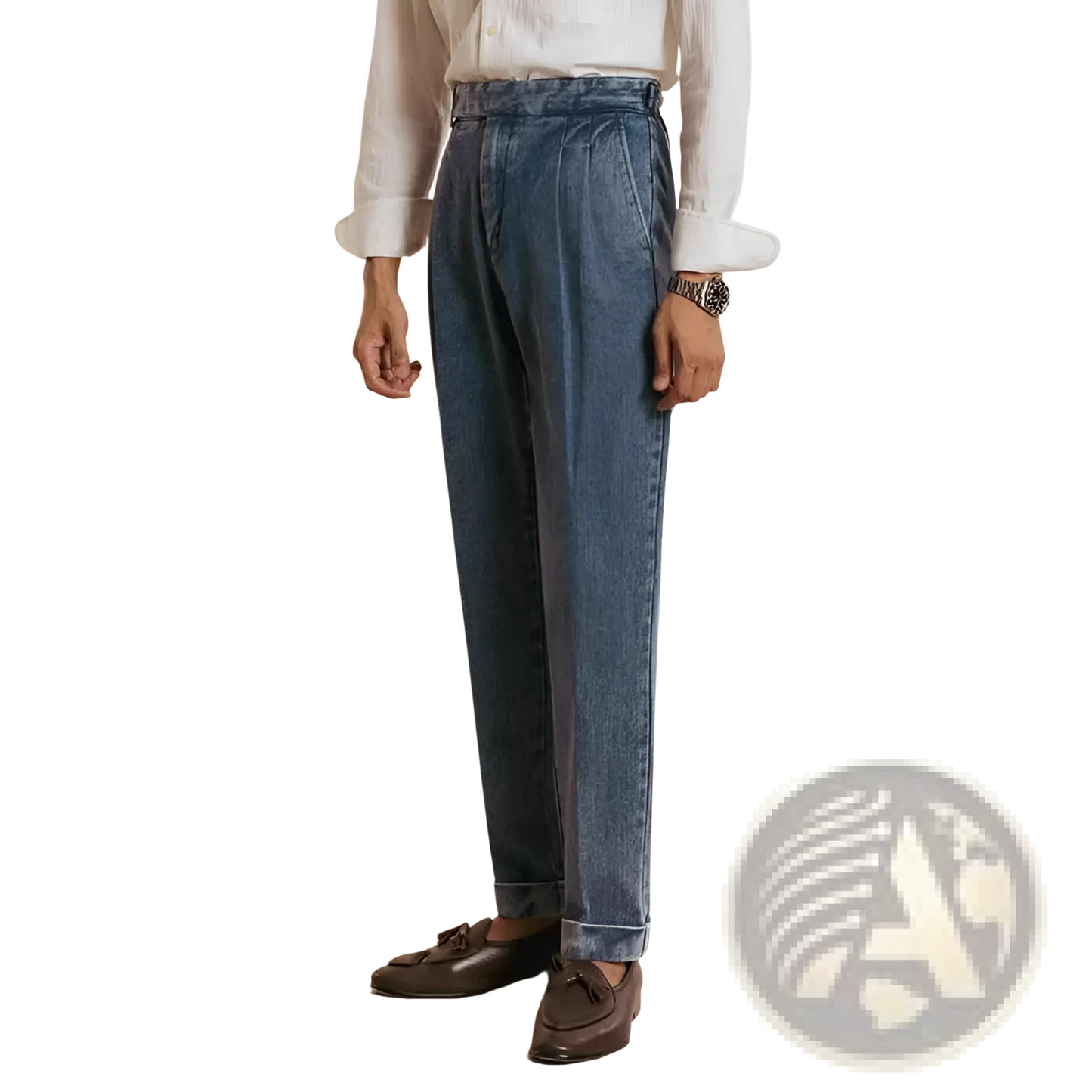 Men's High Waisted Pleated Relaxed Fit Blue Denim Trousers
