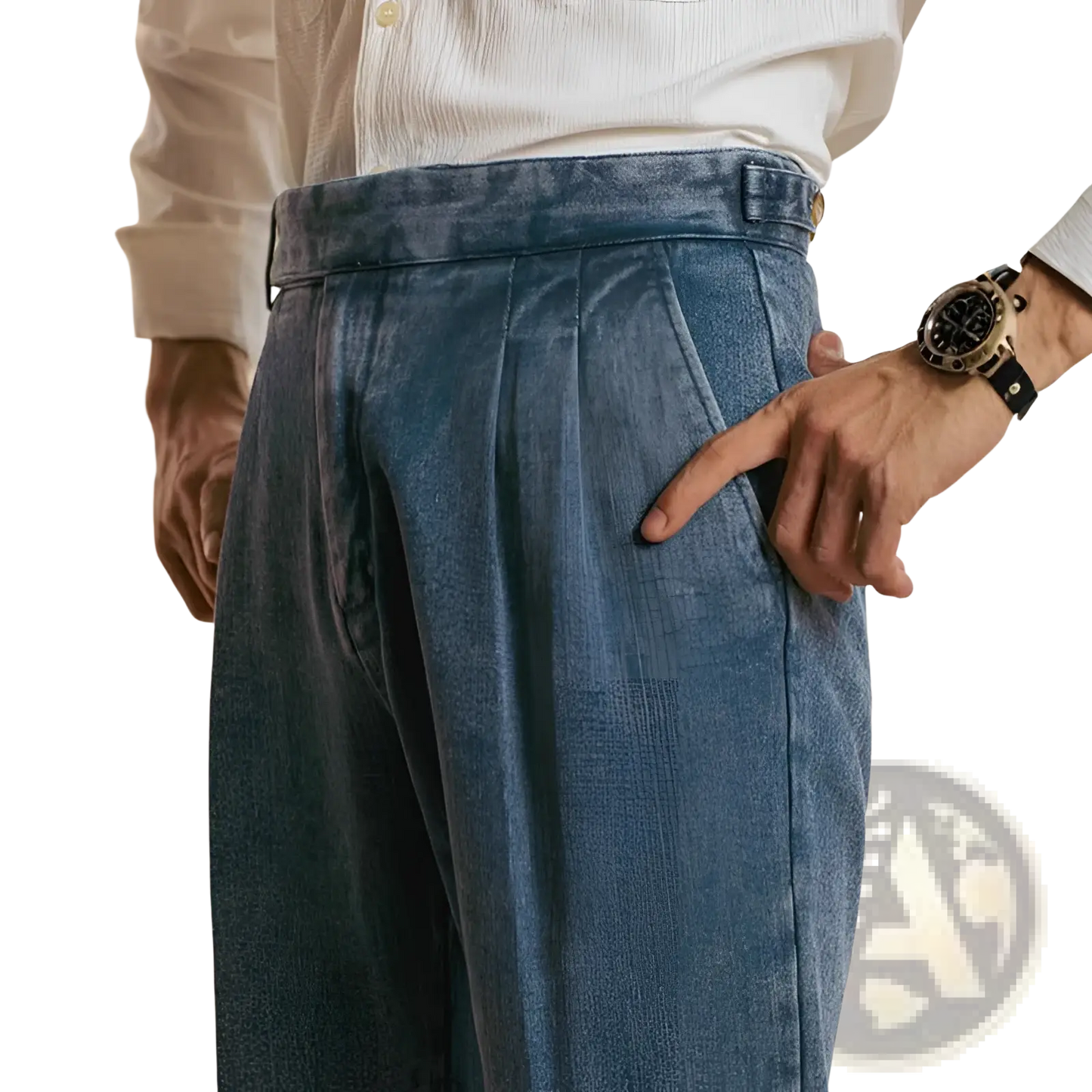 Men's High Waisted Pleated Relaxed Fit Blue Denim Trousers