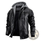 Men's Hooded Pu Leather Jacket with Fleece Lining