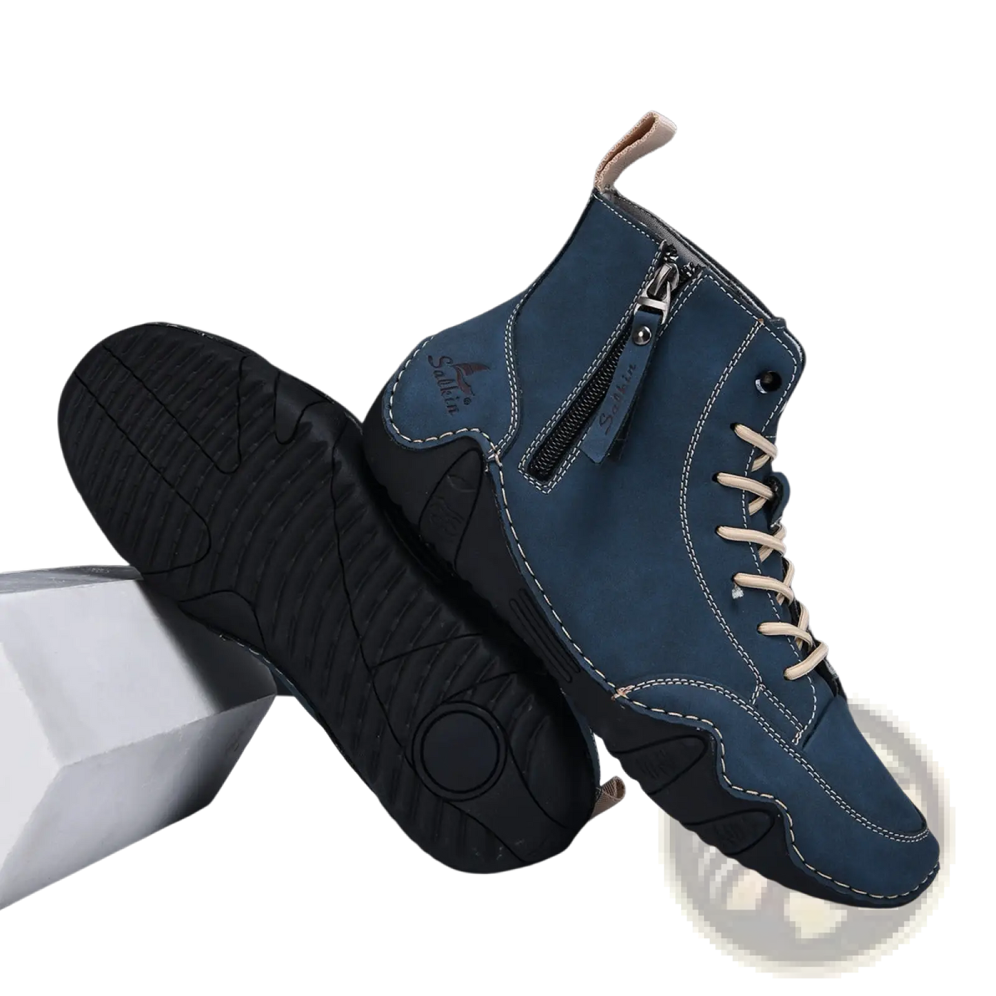 Men's Leather High Top Boots with Side Zipper