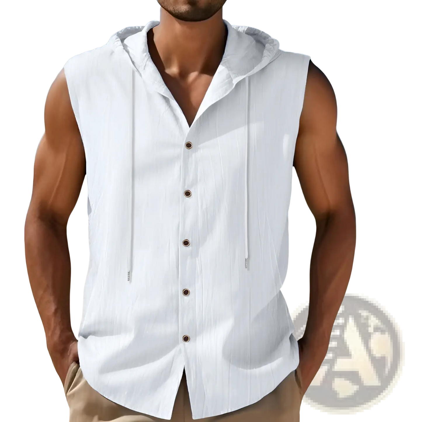 Men's Linen Blend Sleeveless Hooded Button Up Shirt