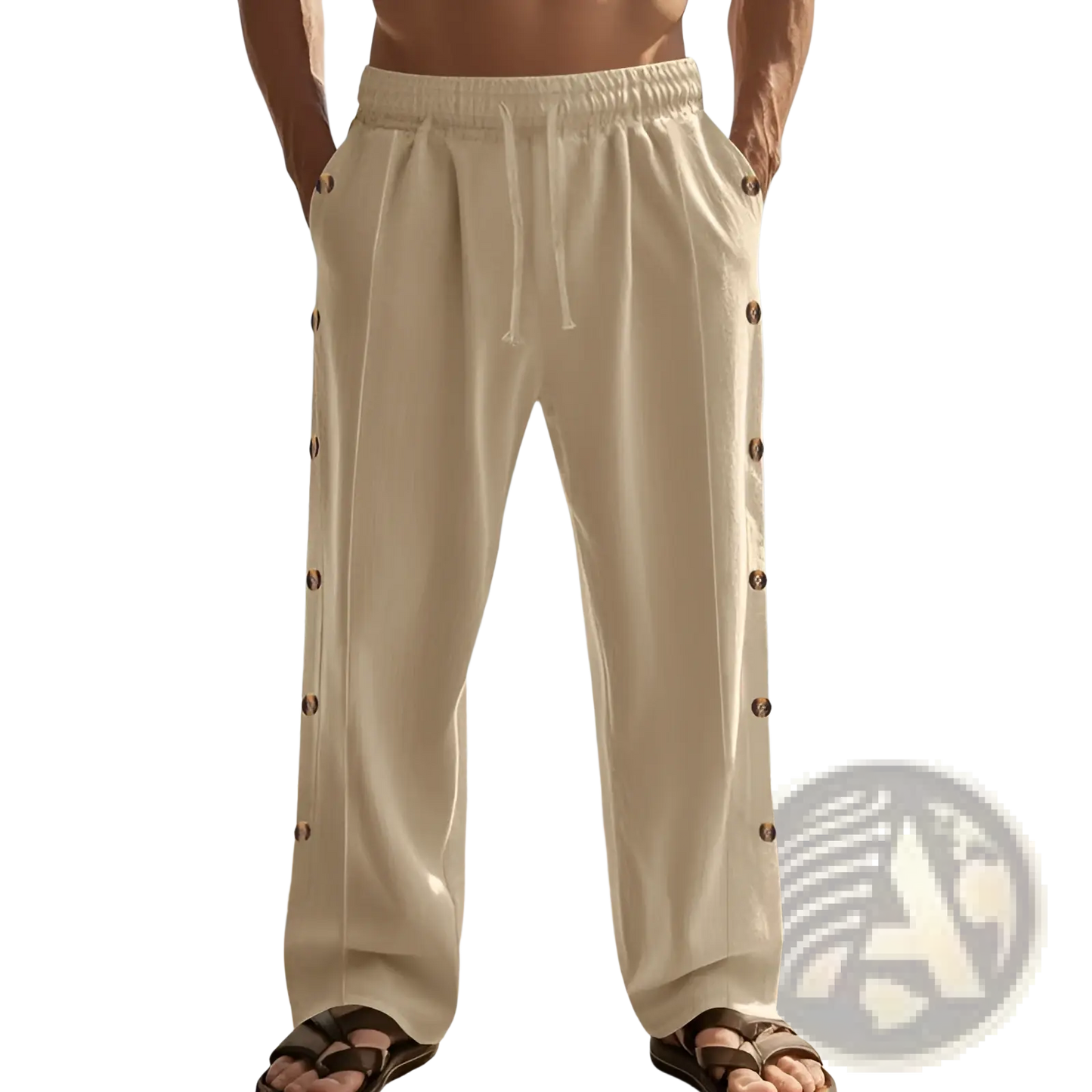 Men's Linen Straight Leg Pants with Side Button Detail
