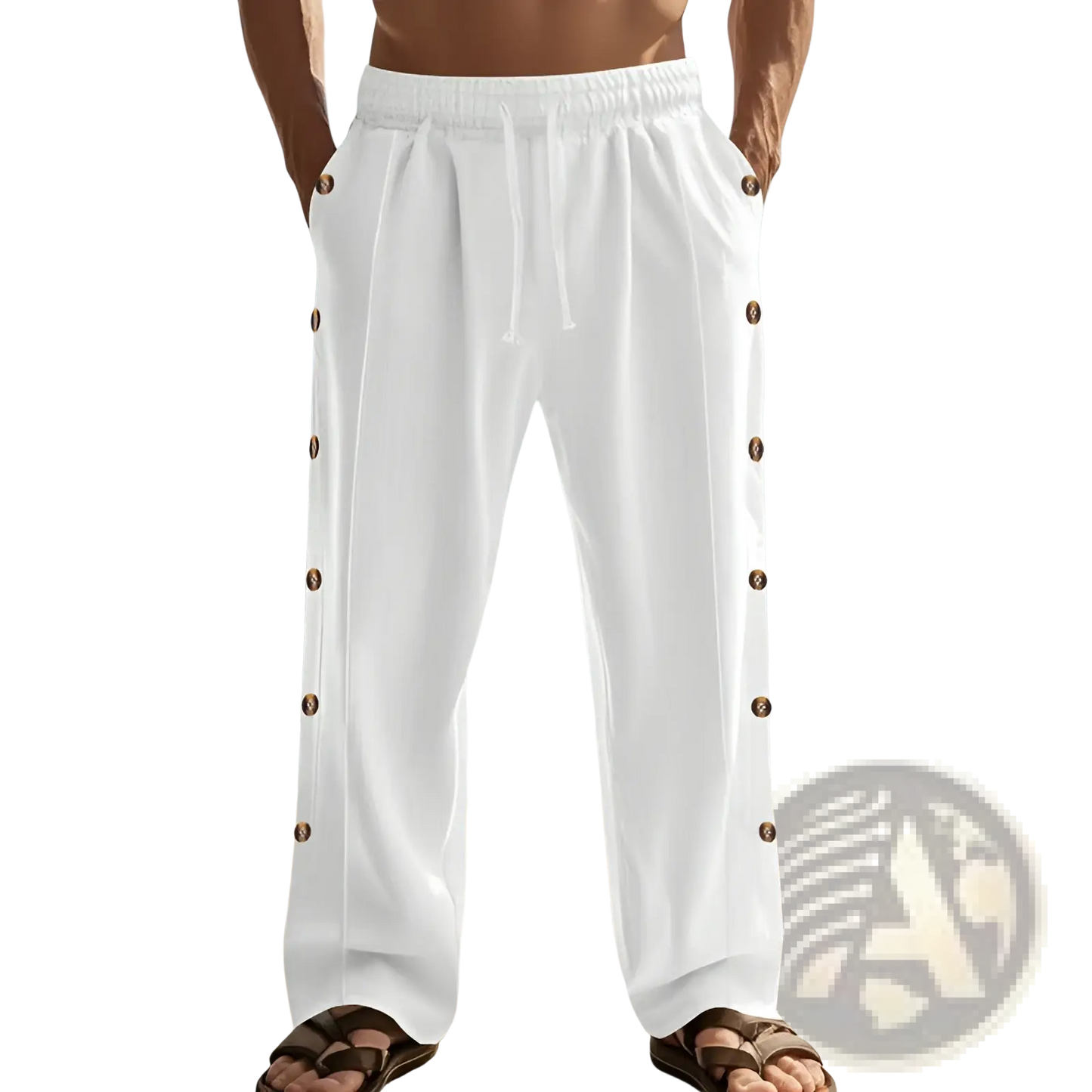 Men's Linen Straight Leg Pants with Side Button Detail