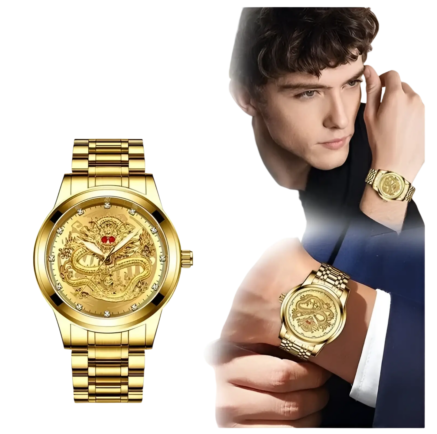 Men's Luxury 18k Gold Dragon Diamond Quartz Watch