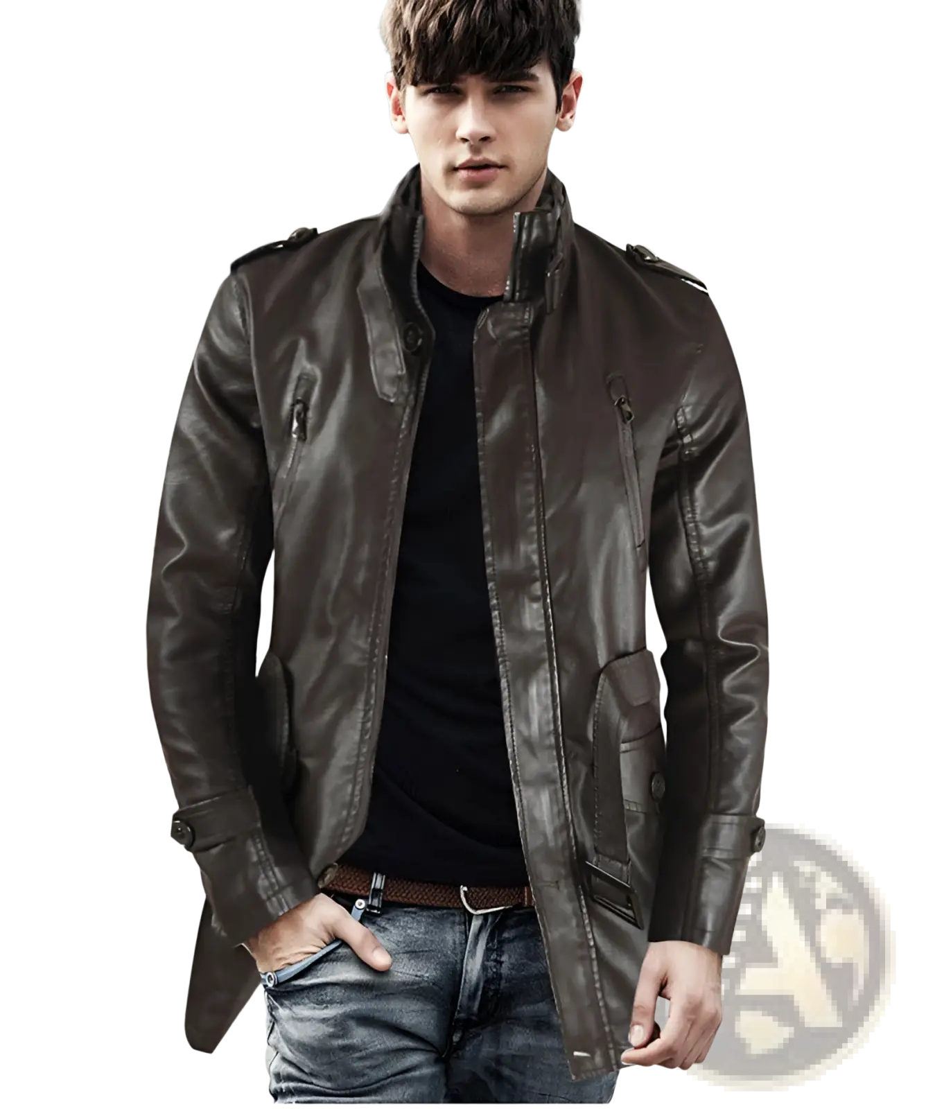 Men's Mid-length Fleece Lined Faux Leather Coat