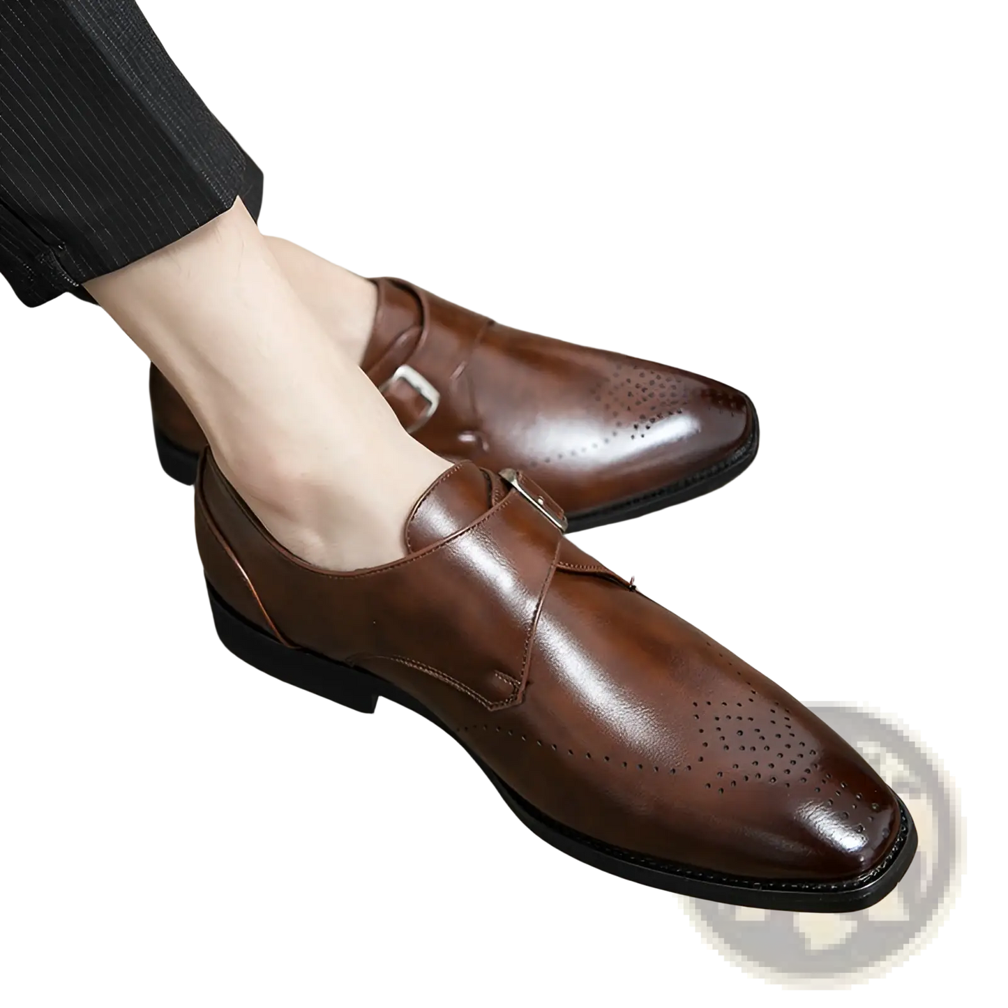 Men's Polished Leather Monk Strap Perforated Dress Shoes