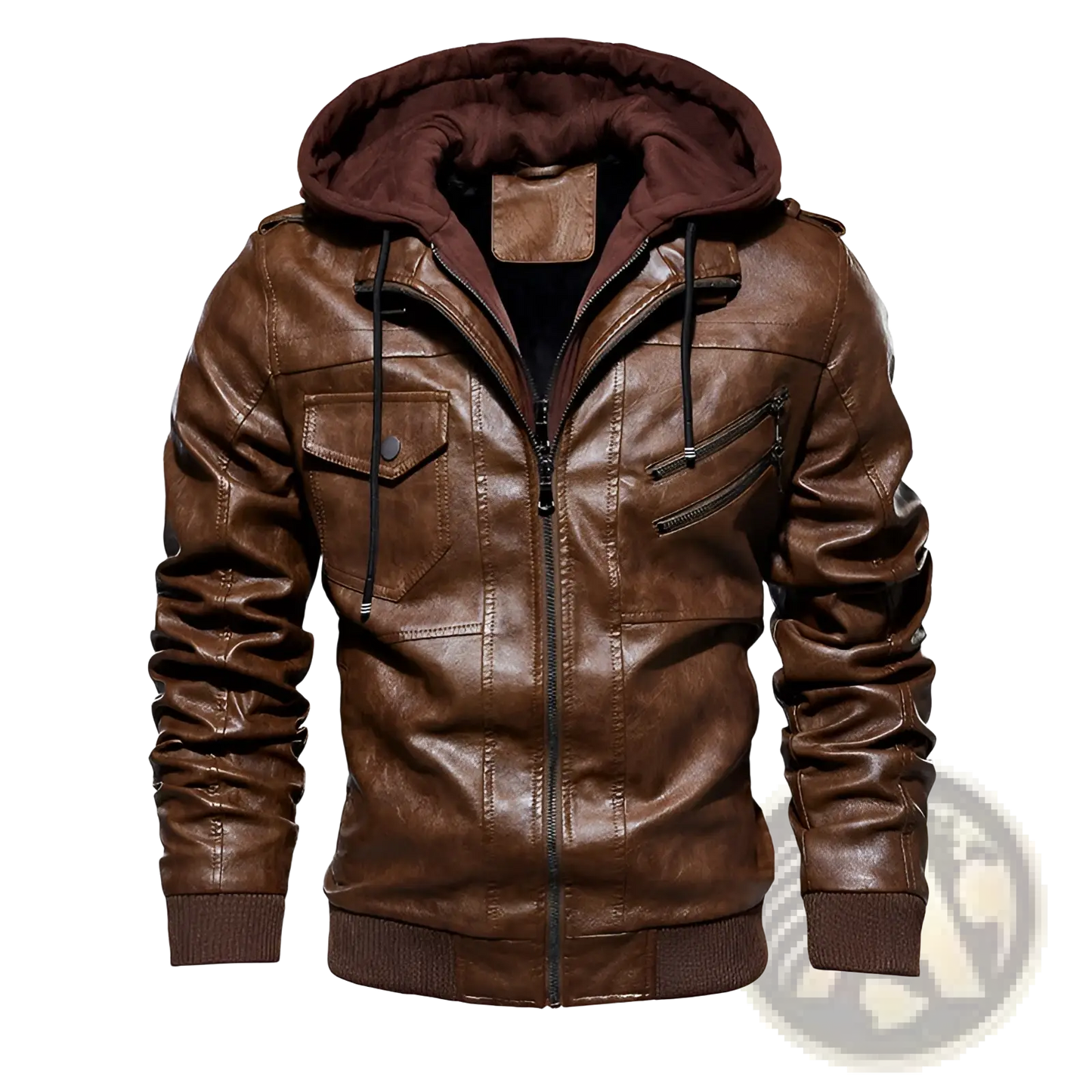 Men's Pu Leather Hooded Jacket with Ribbed Cuffs