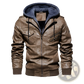 Men's Pu Leather Hooded Jacket with Ribbed Cuffs
