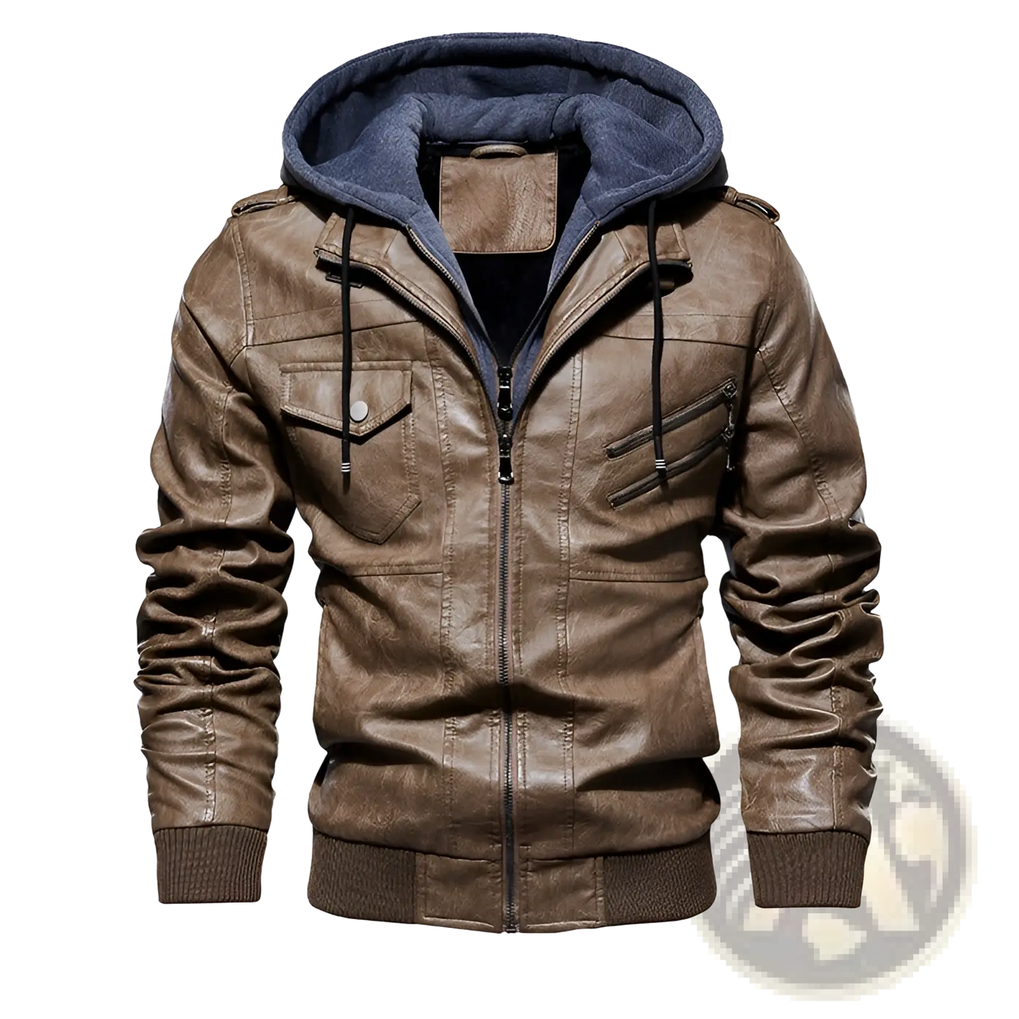 Men's Pu Leather Hooded Jacket with Ribbed Cuffs