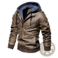 Men's Pu Leather Hooded Jacket with Ribbed Cuffs
