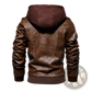 Men's Pu Leather Hooded Jacket with Ribbed Cuffs