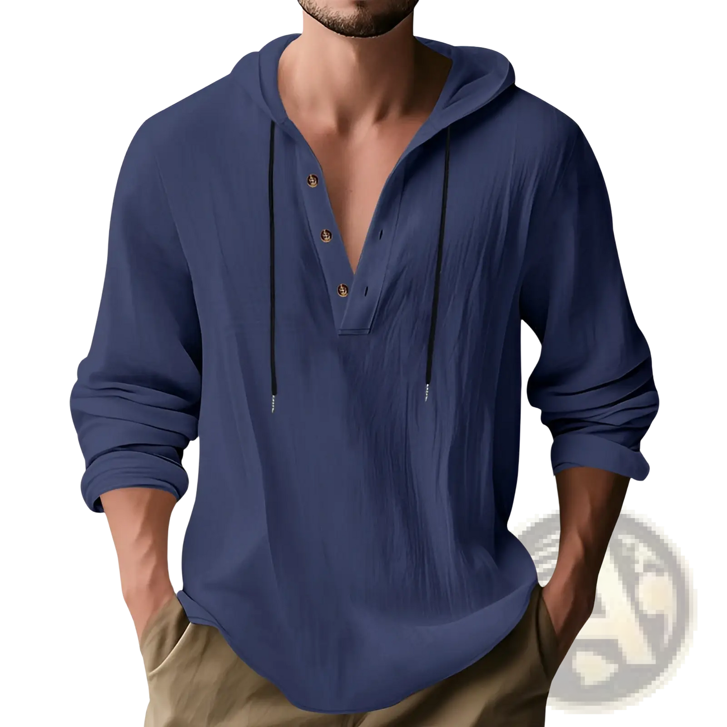 Men's Relaxed Linen Henley Hoodie with Gold Buttons