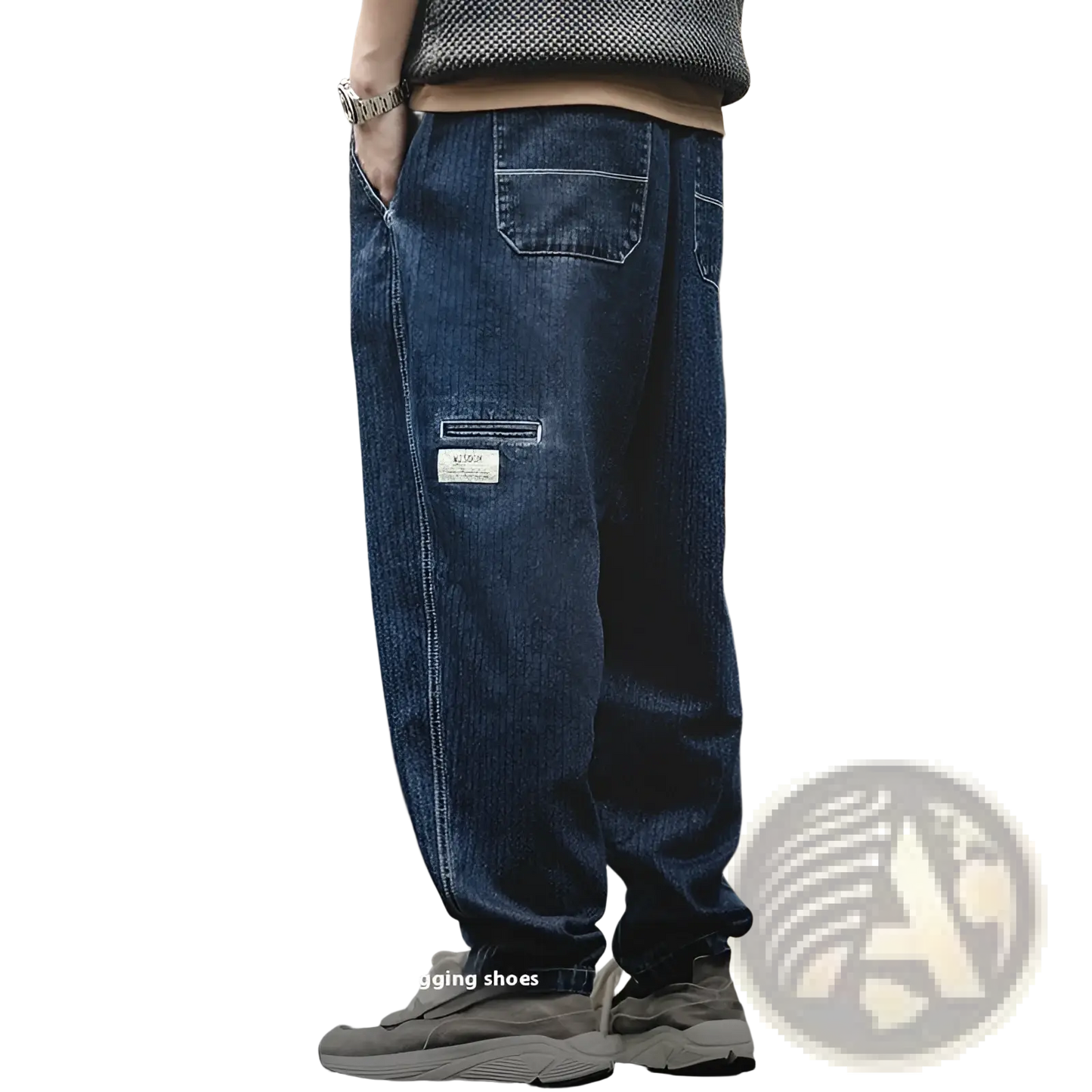 Men's Relaxed Tapered Dark Blue Denim Jeans with Patch Detail