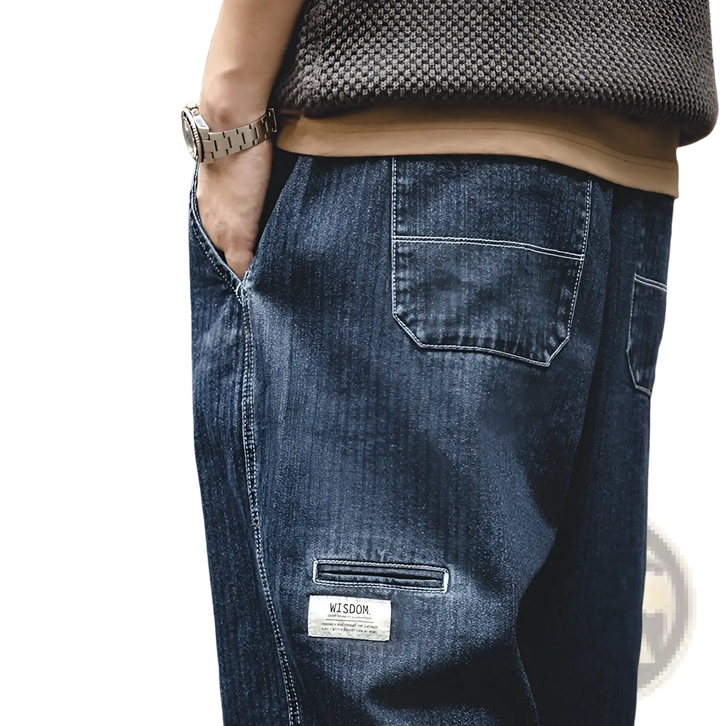 Men's Relaxed Tapered Dark Blue Denim Jeans with Patch Detail