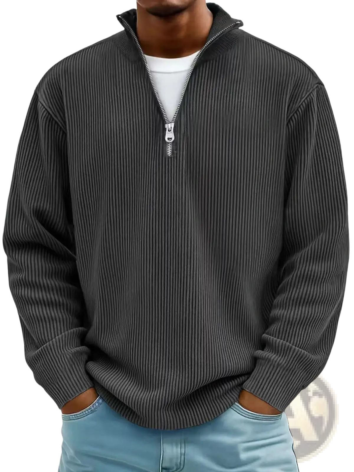 Men's Ribbed Knit Half Zip Corduroy Polo Sweatshirt