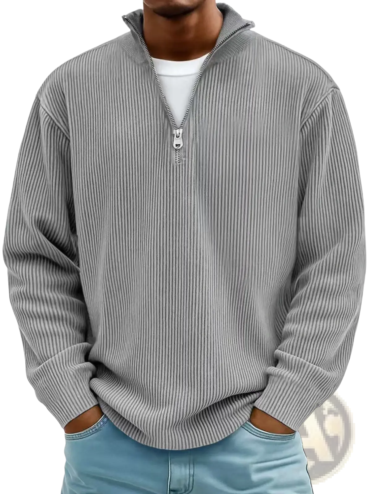 Men's Ribbed Knit Half Zip Corduroy Polo Sweatshirt
