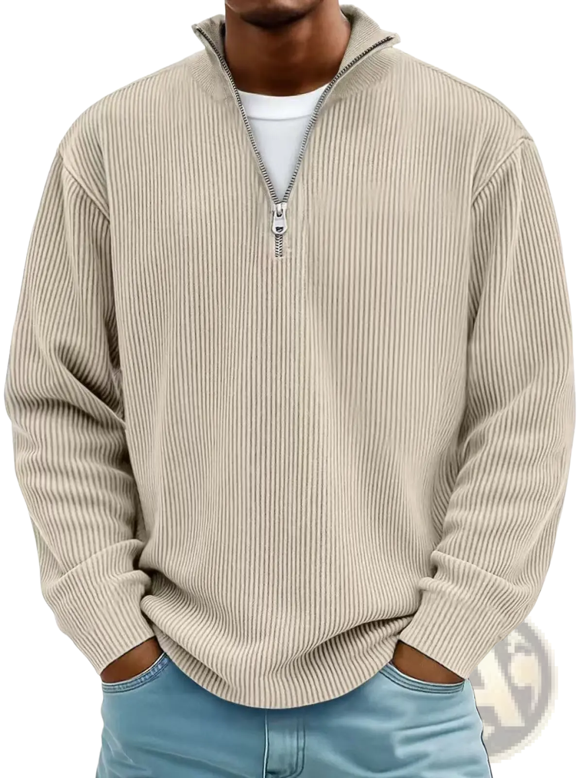 Men's Ribbed Knit Half Zip Corduroy Polo Sweatshirt