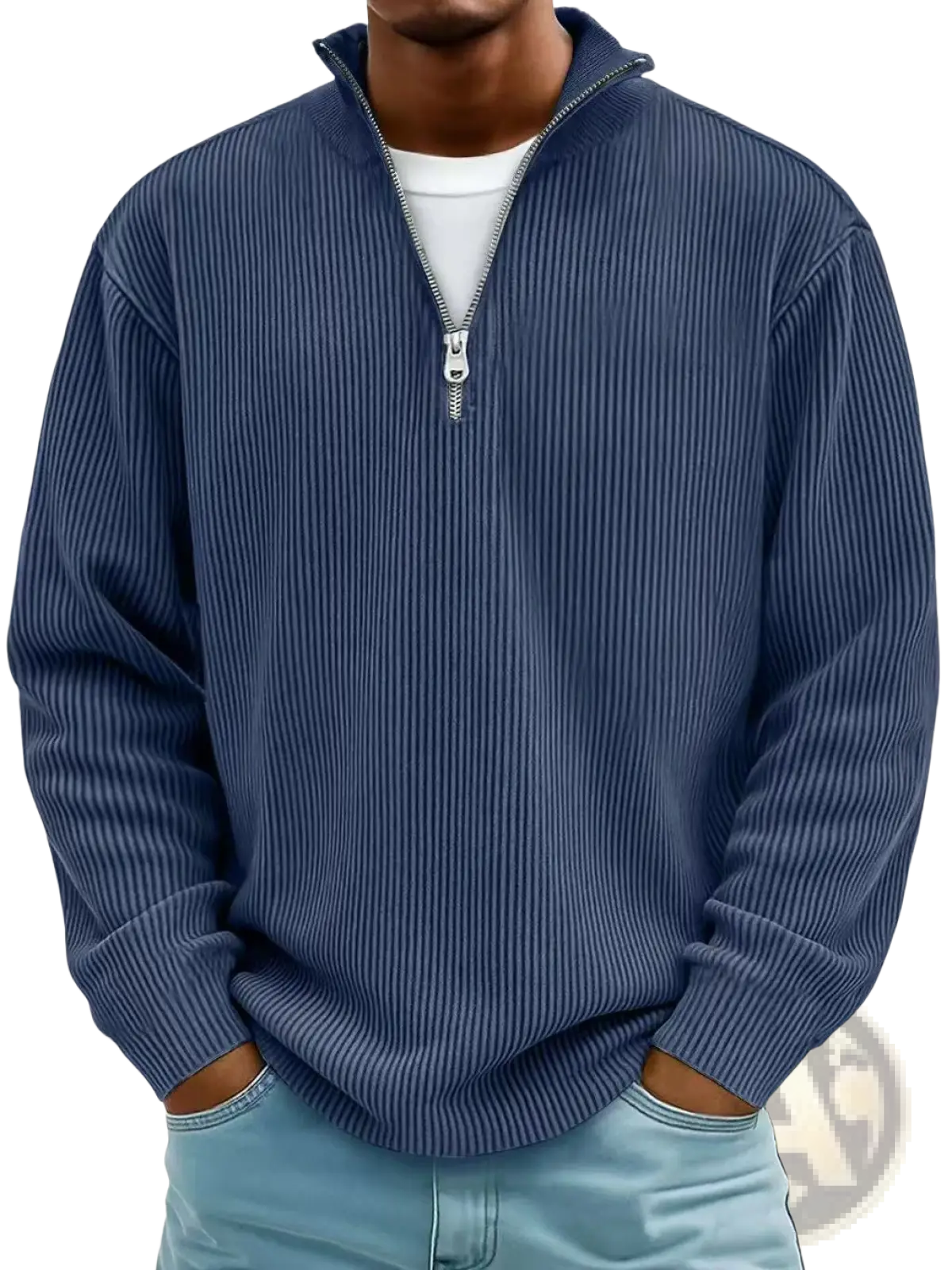 Men's Ribbed Knit Half Zip Corduroy Polo Sweatshirt