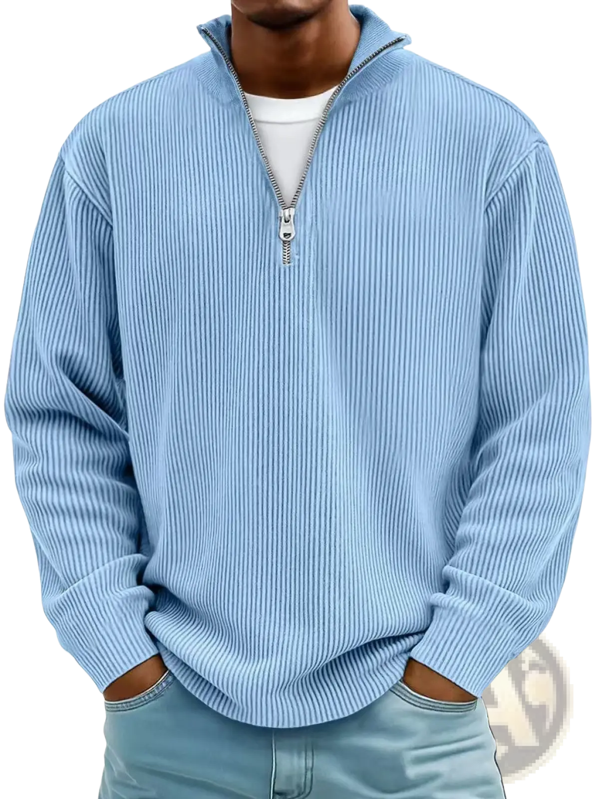 Men's Ribbed Knit Half Zip Corduroy Polo Sweatshirt