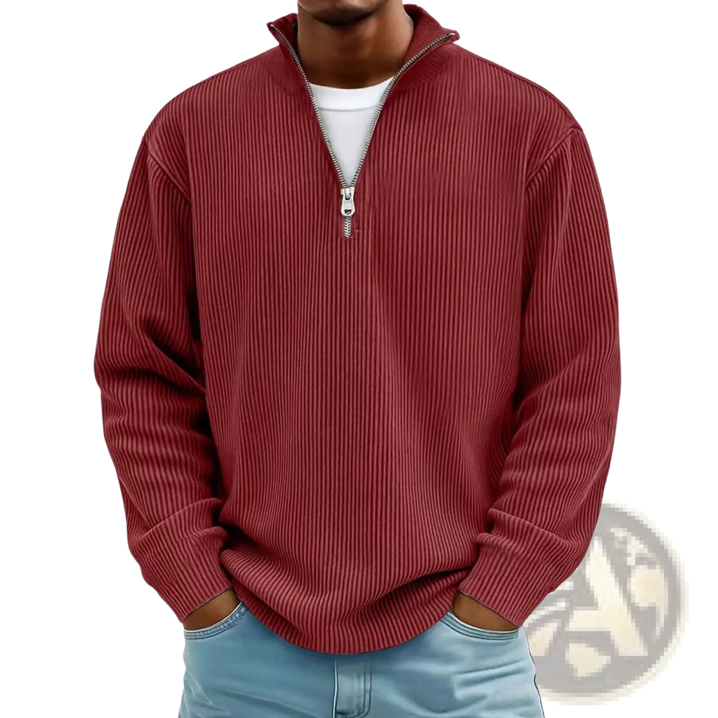 Men's Ribbed Knit Half Zip Corduroy Polo Sweatshirt