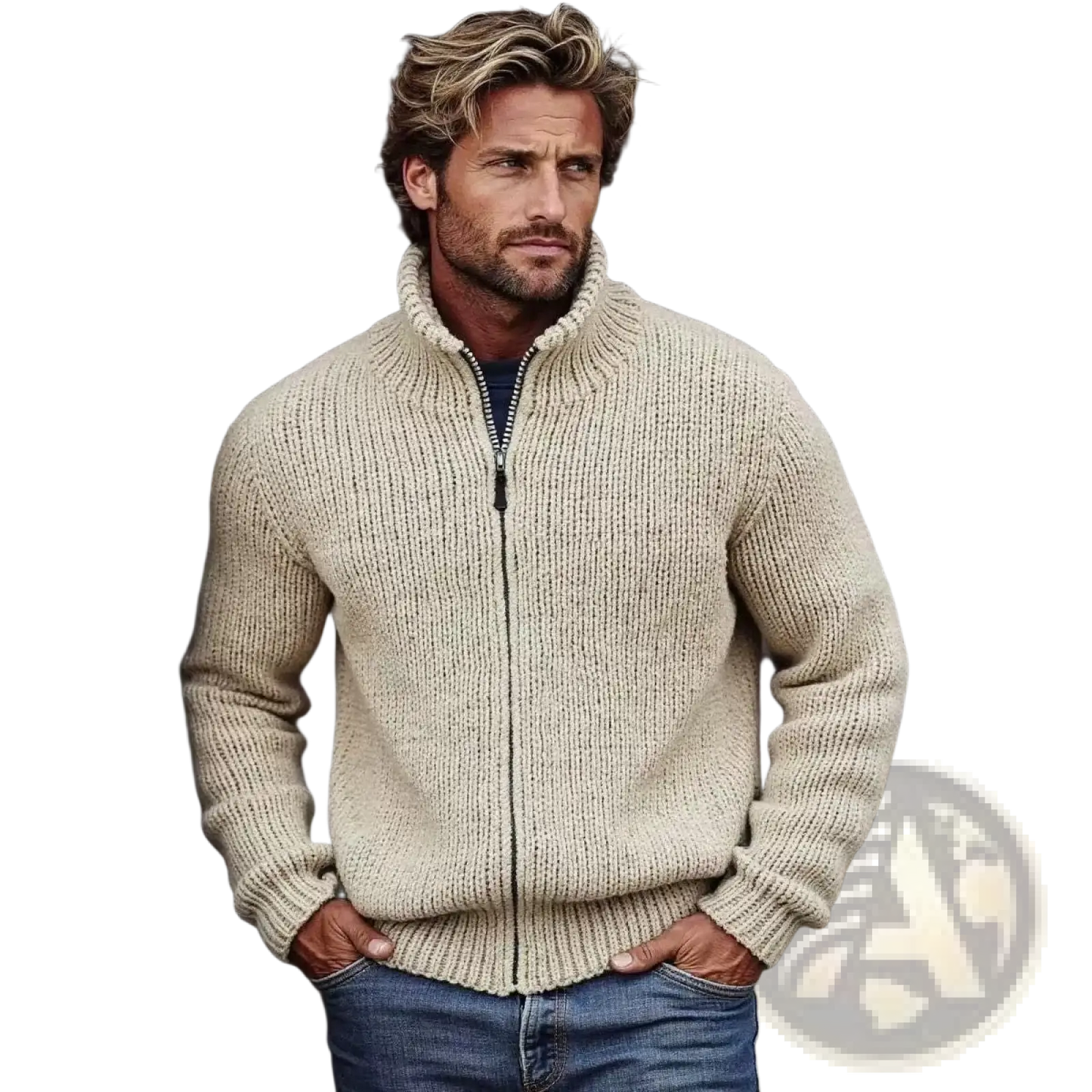 Men's Ribbed Knit High Collar Zip Up Sweater