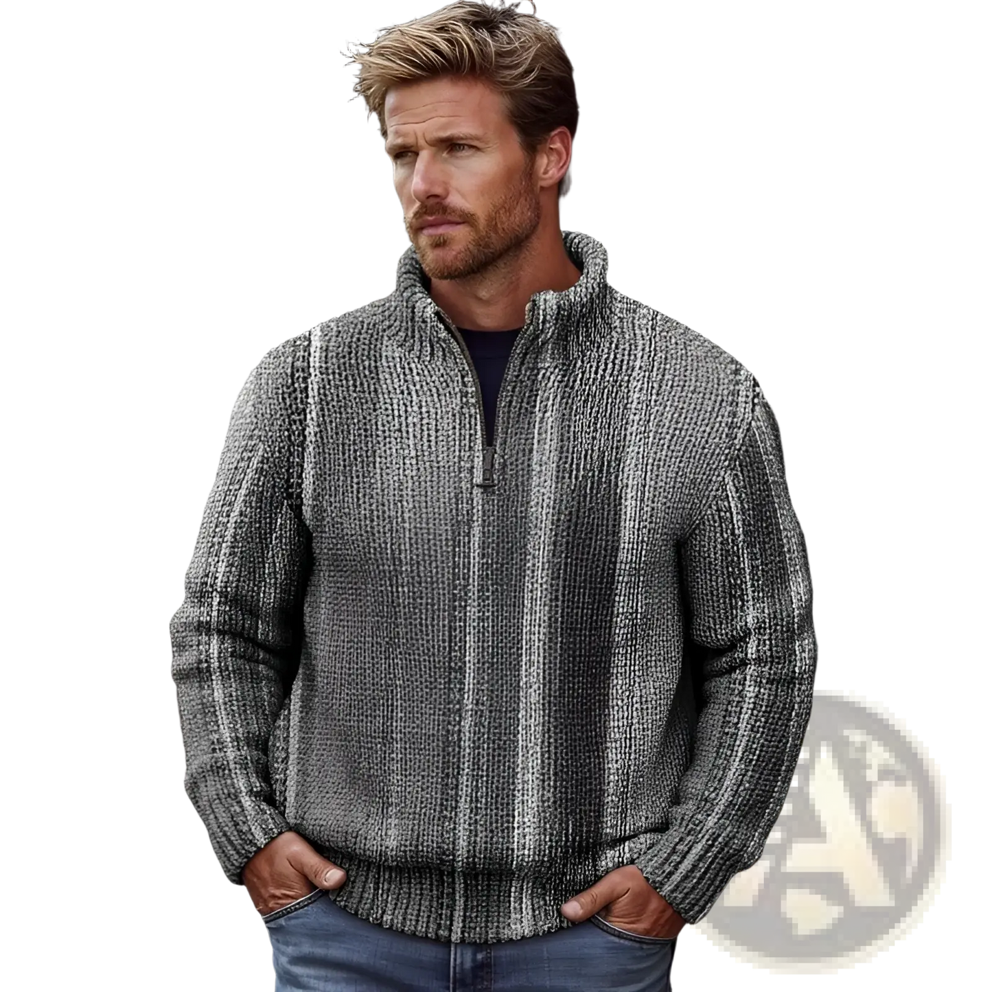 Men's Ribbed Knit High Collar Zip Up Sweater