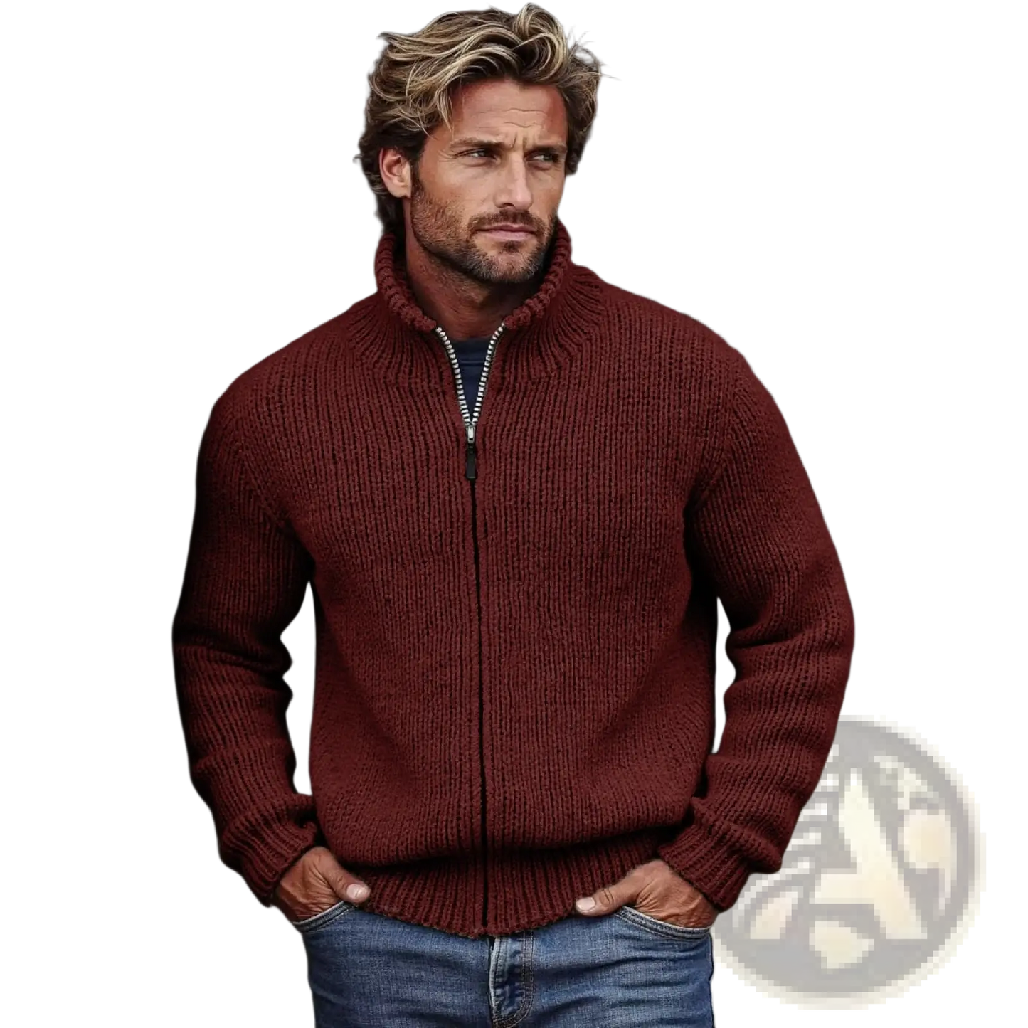 Men's Ribbed Knit High Collar Zip Up Sweater