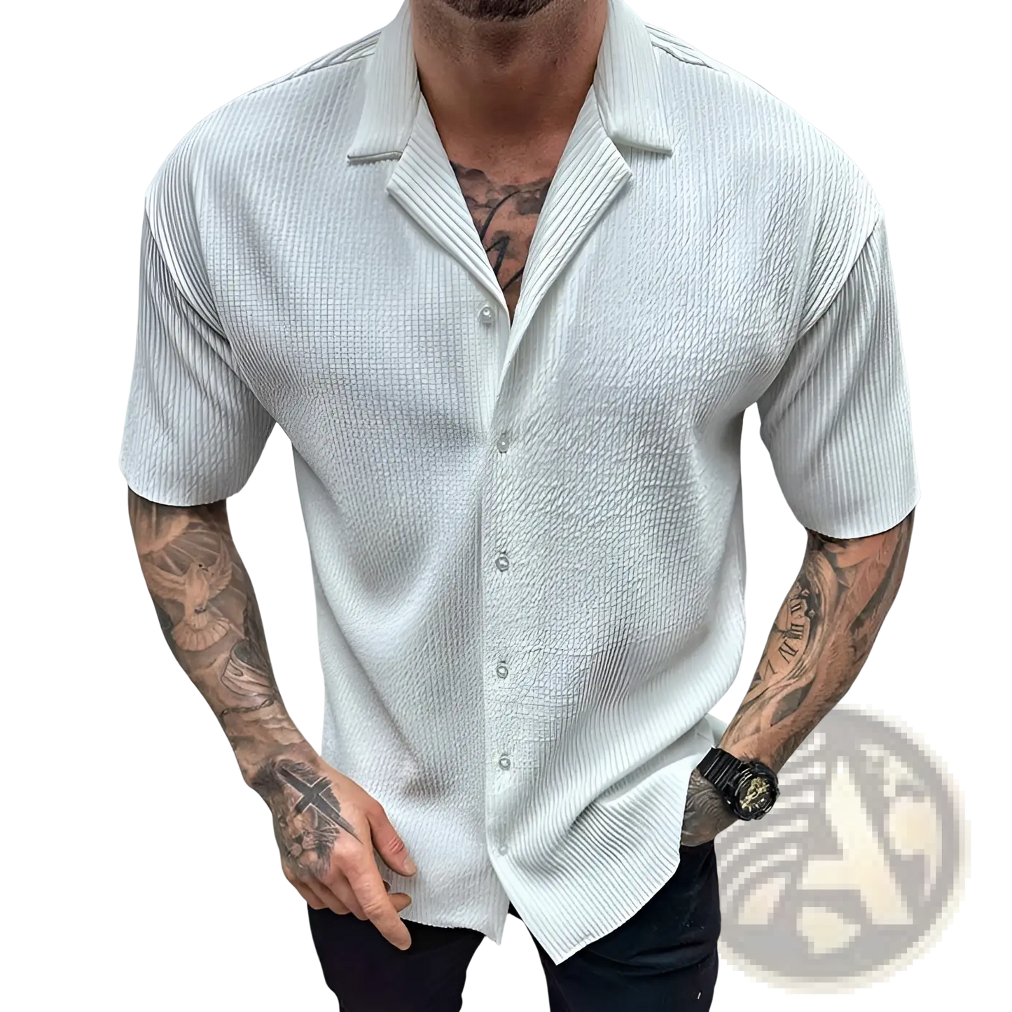 Men's Ribbed Knit Short Sleeve Button Up Shirt