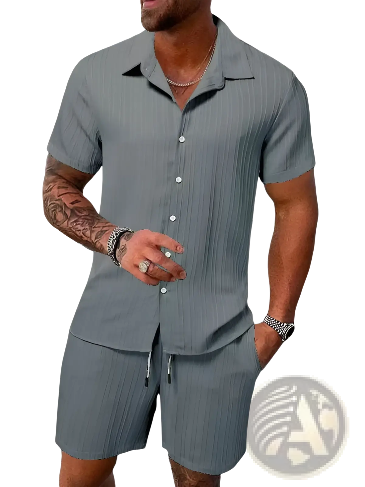 Men's Ribbed Short Sleeve Shirt and Shorts Beach Set