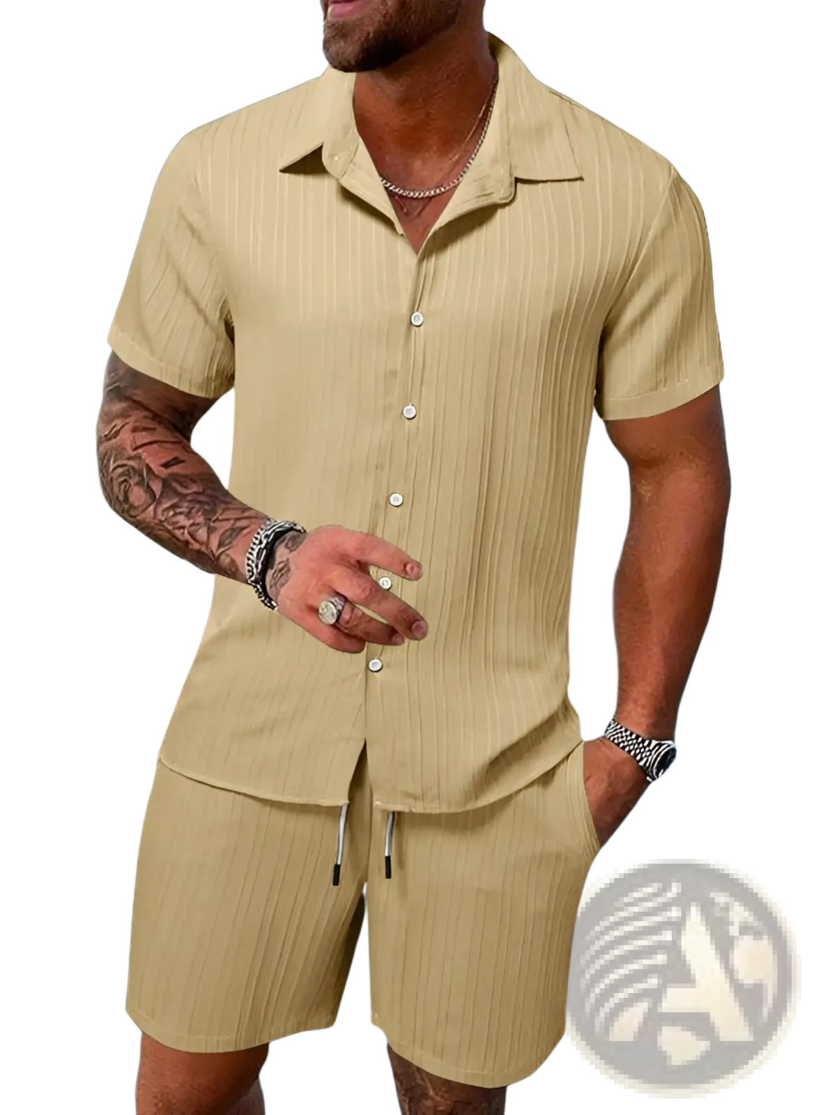 Men's Ribbed Short Sleeve Shirt and Shorts Beach Set
